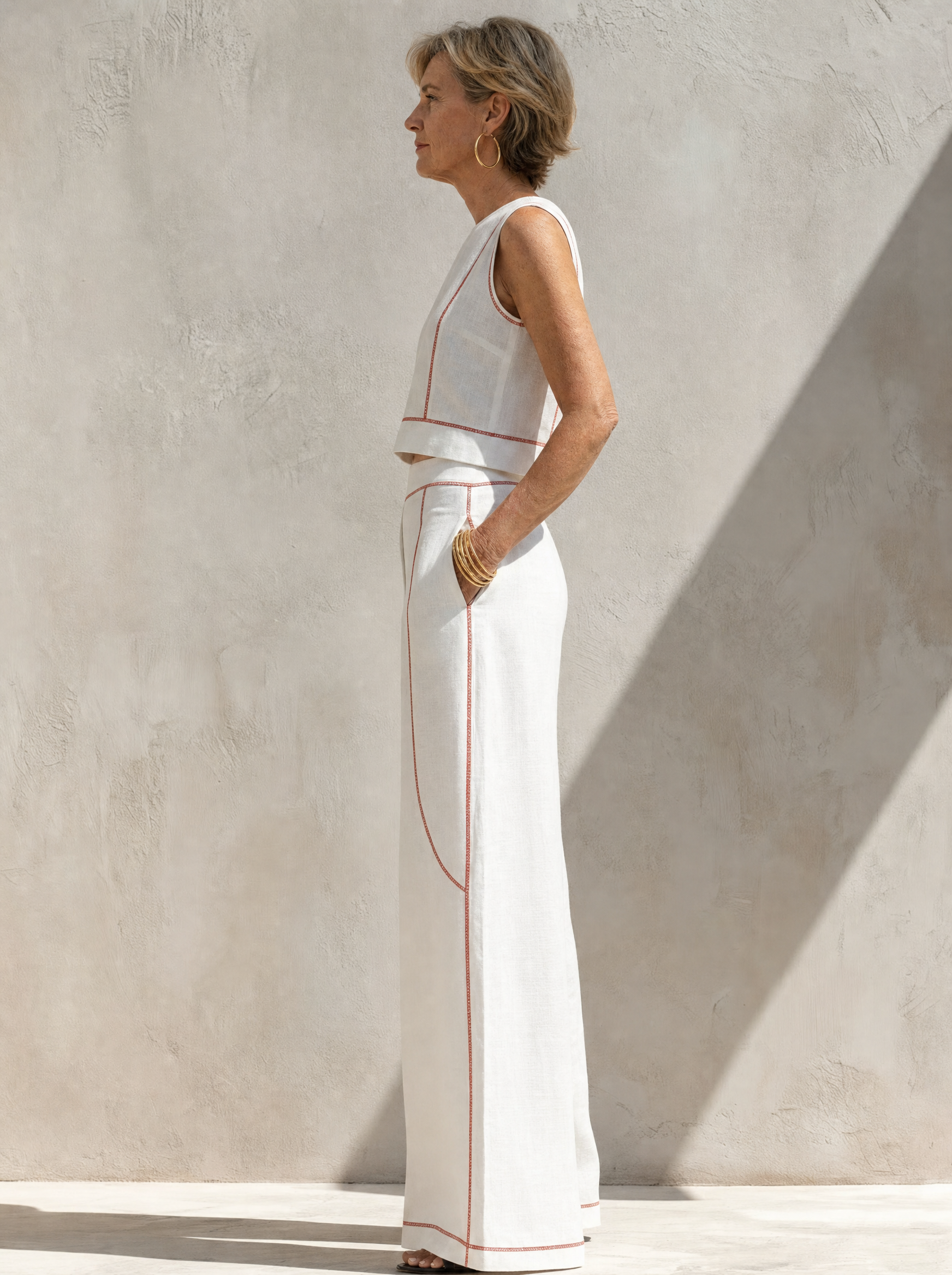 Elegant Contrast-Stitched Pants Set