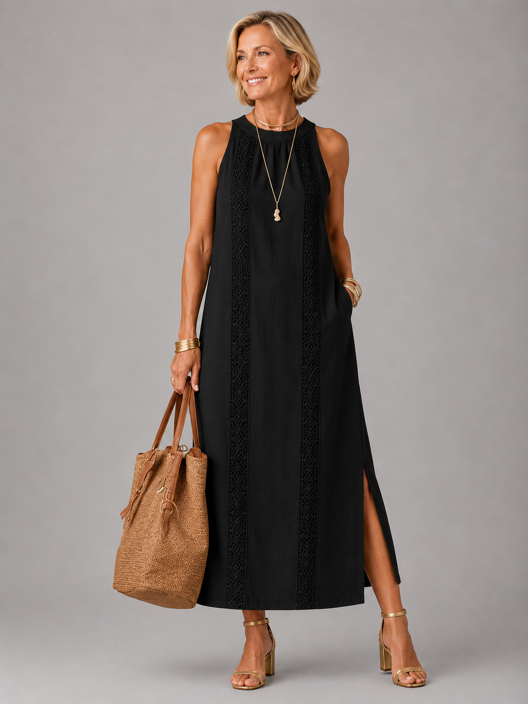 Jimena | Relaxed Embroidered Mandarin Collar Midi Dress