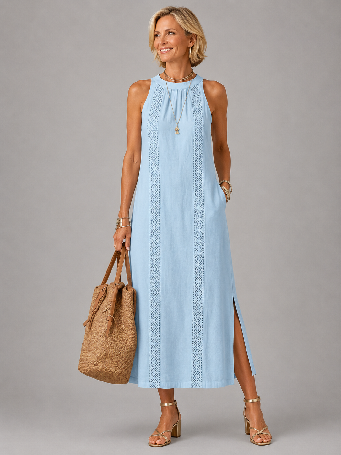 Jimena | Relaxed Embroidered Mandarin Collar Midi Dress