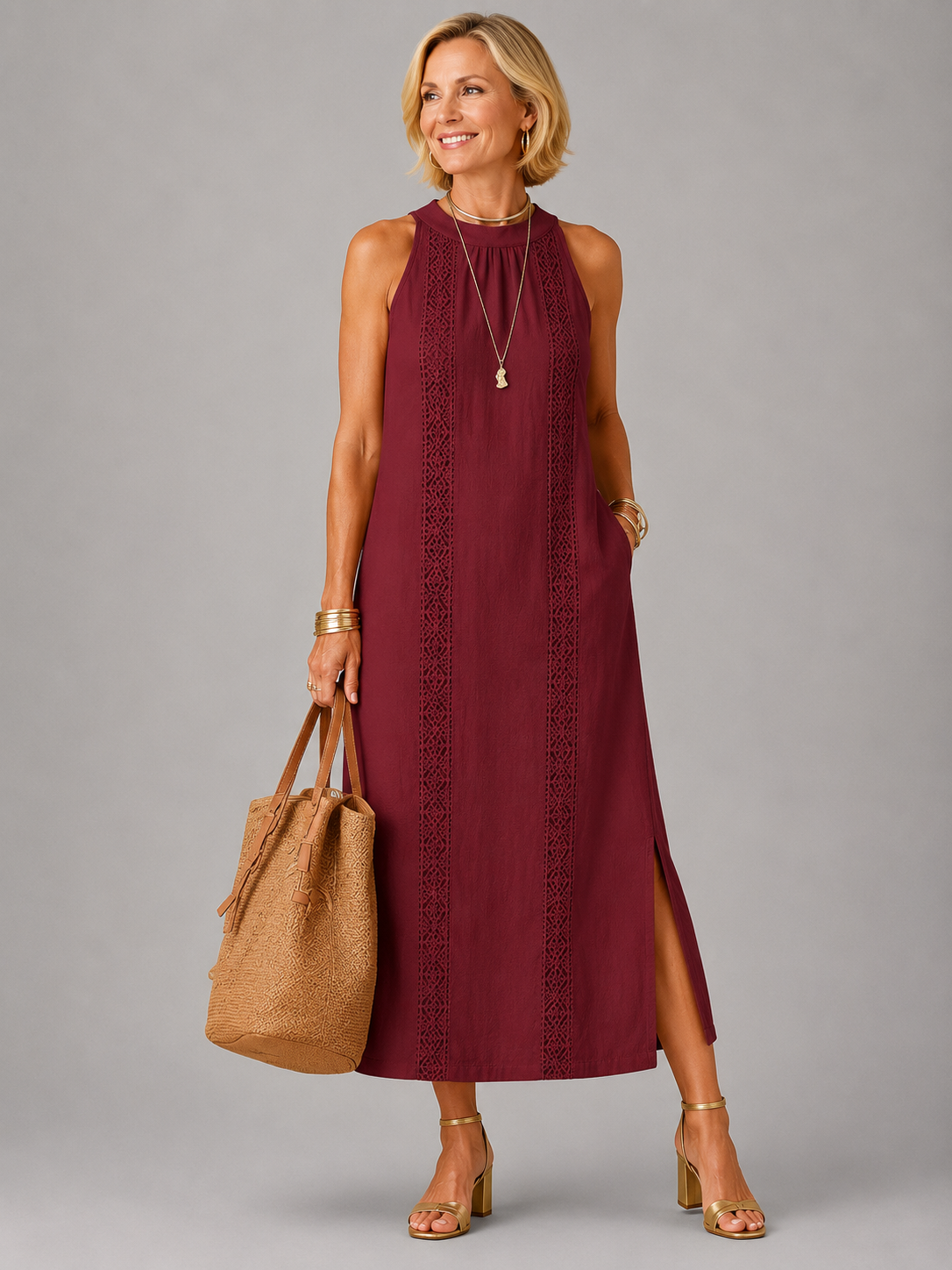 Jimena | Relaxed Embroidered Mandarin Collar Midi Dress