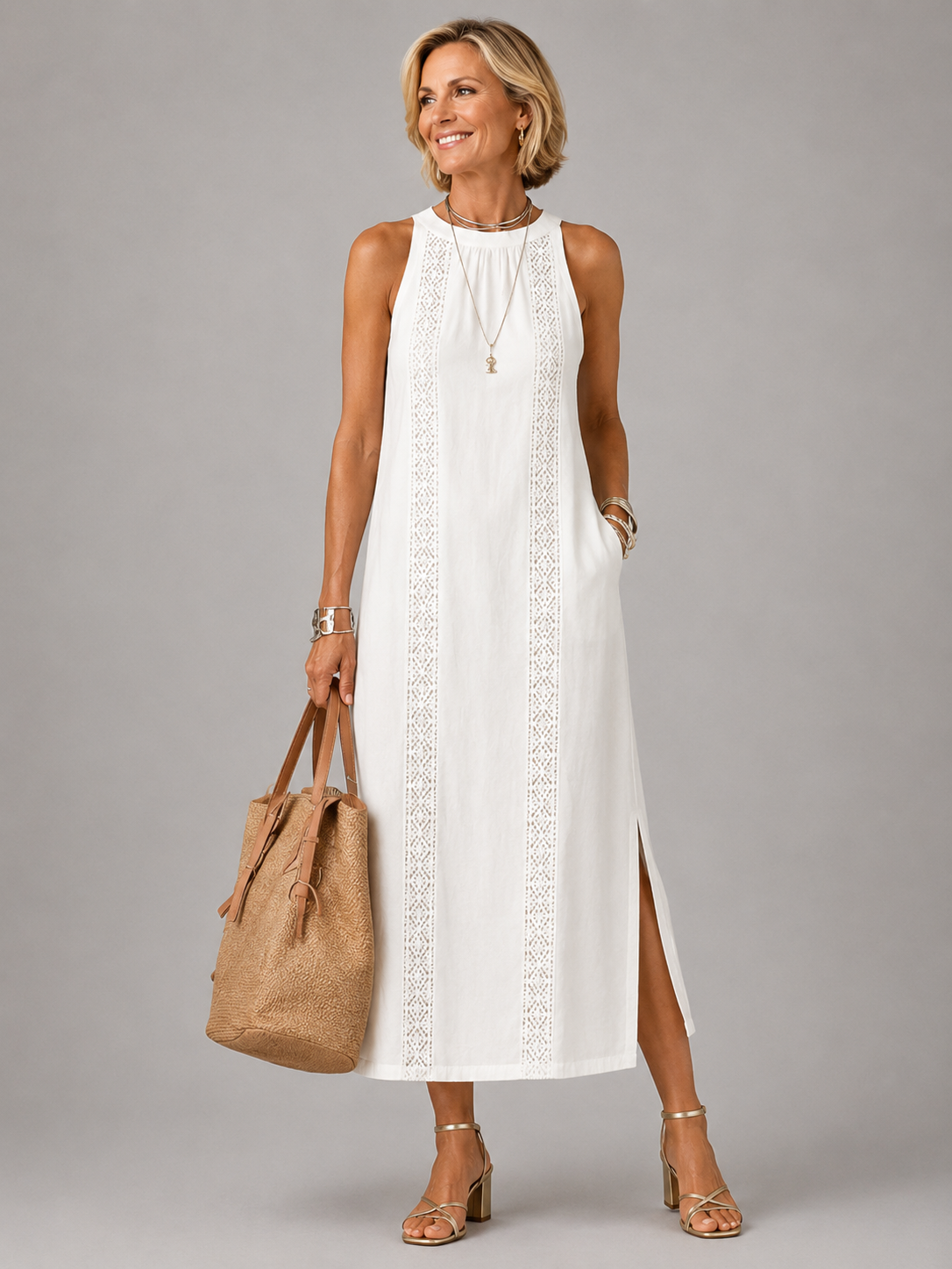 Jimena | Relaxed Embroidered Mandarin Collar Midi Dress