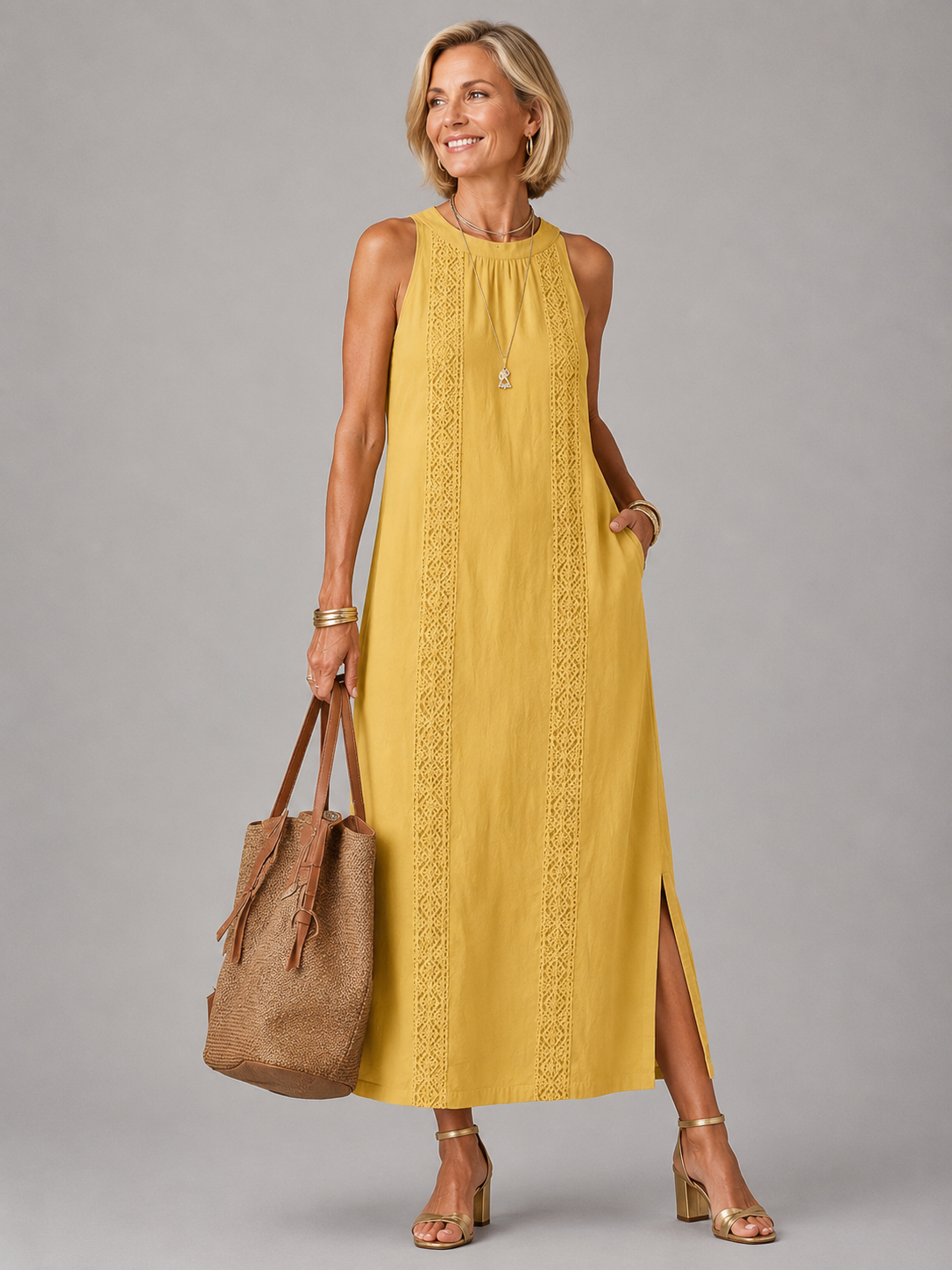 Jimena | Relaxed Embroidered Mandarin Collar Midi Dress