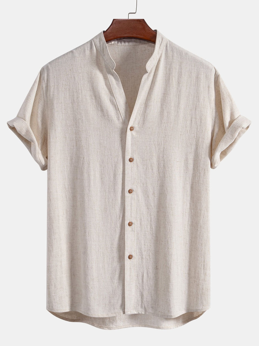 Linen and Rayon V-Neck Short Sleeve Shirt