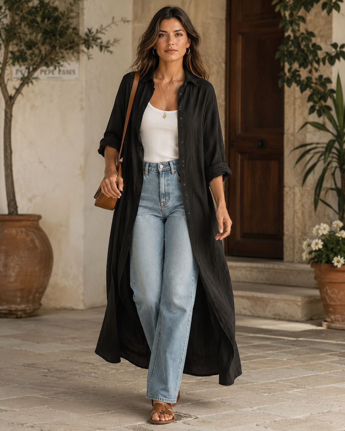 Black Button-Front Bohemian Shirt Maxi Dress