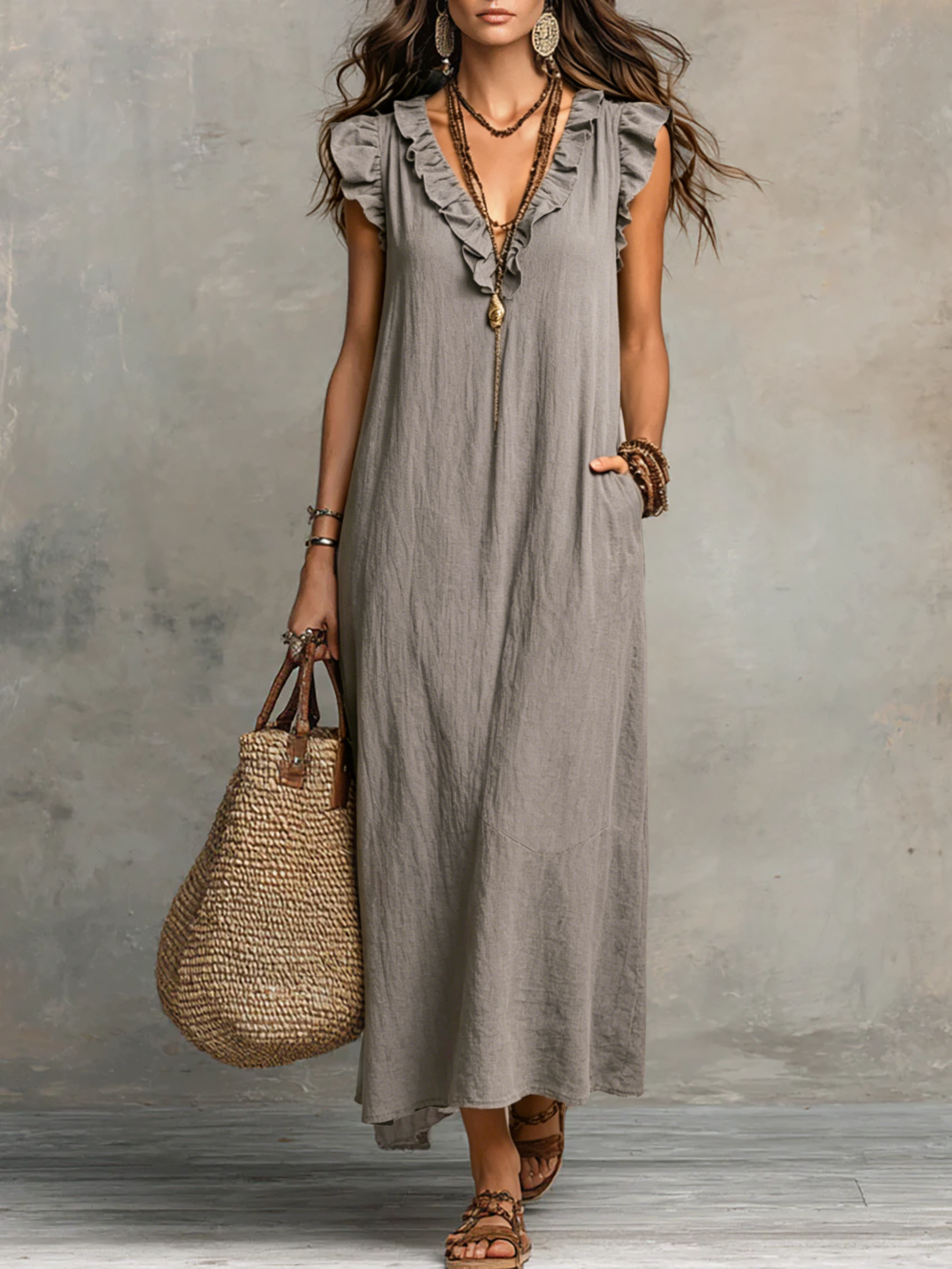 Bohemian Sleeveless Ruffle V-Neck Flowy Maxi Dress