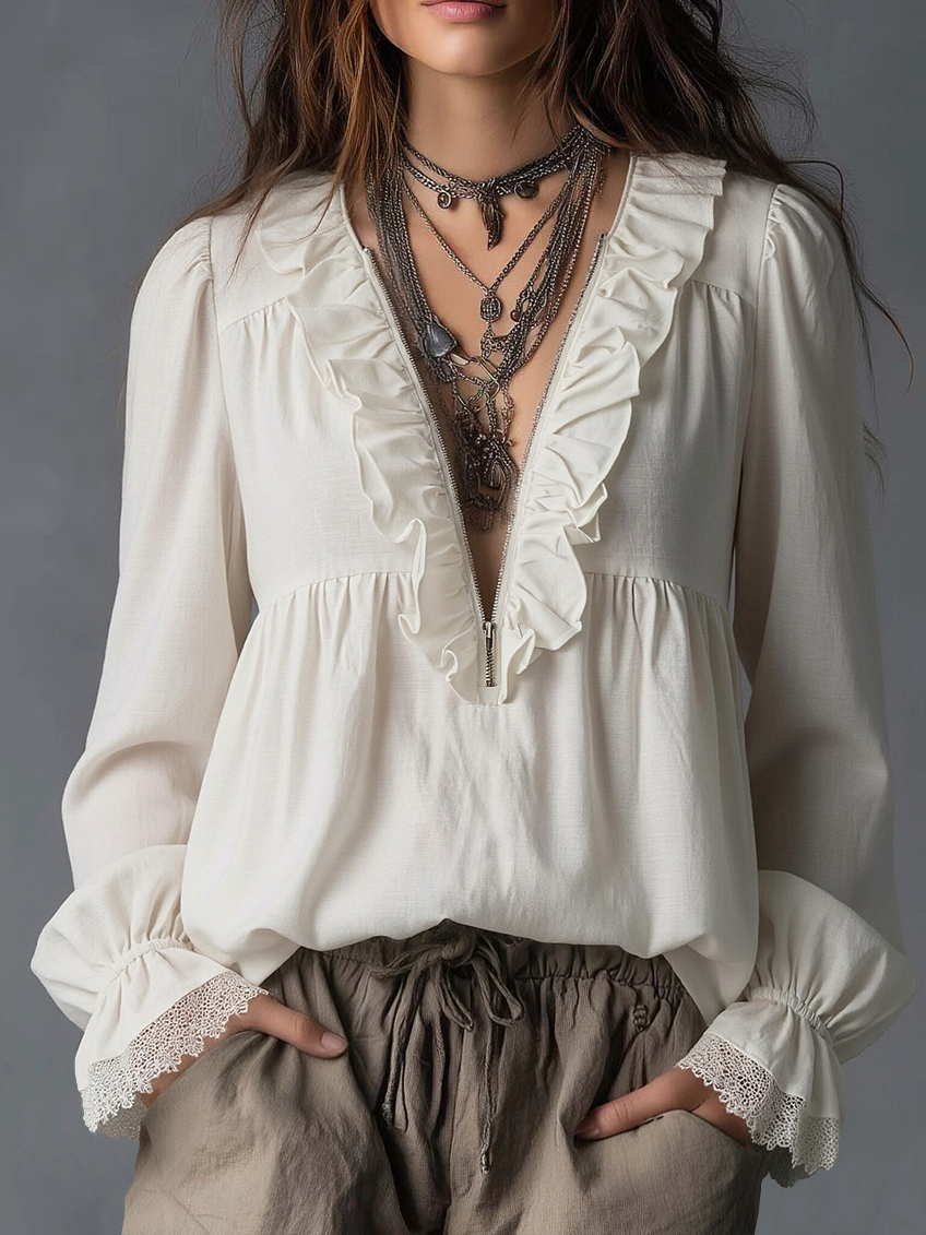 Effortless Zip-up Collar Ruffled Cotton Linen Blouse