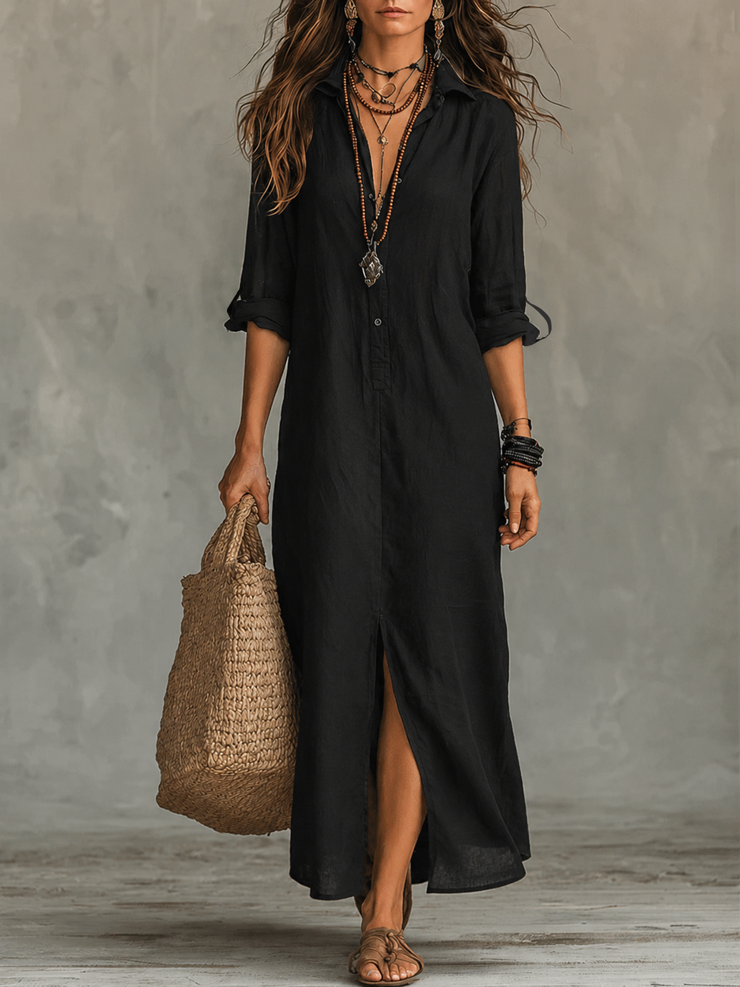 Black Button-Front Bohemian Shirt Maxi Dress