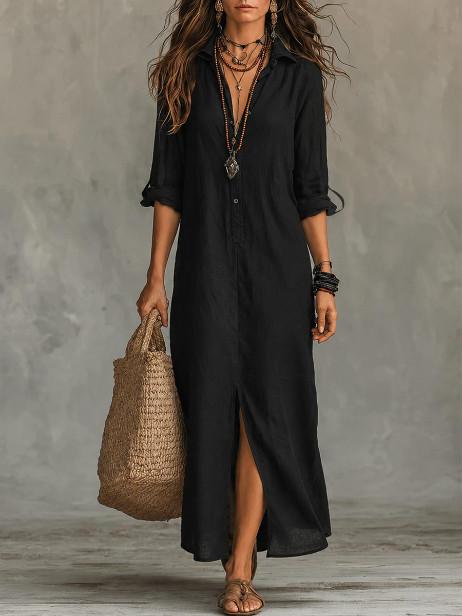 Black Button-Front Bohemian Shirt Maxi Dress