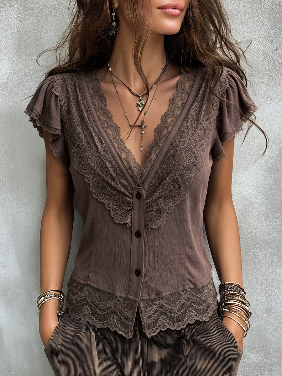 Vintage Tencel V-neck Blouse With Lace Trim
