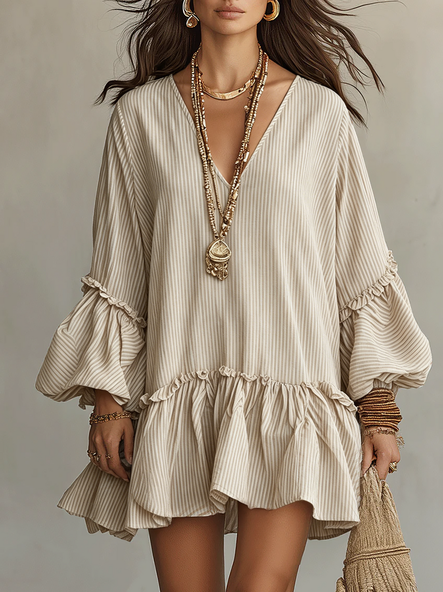 Sand Stripe Ruffled Boho Mini Dress