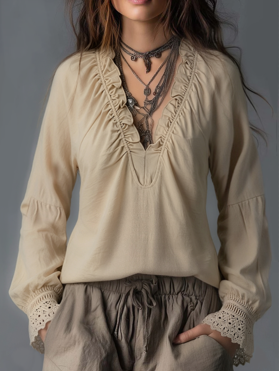 Easy-to-wear Ruffled Pleated Collar Cotton Linen Blouse