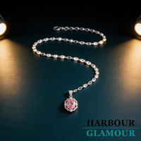Pink Oval Crown Halo Necklace | White Gold