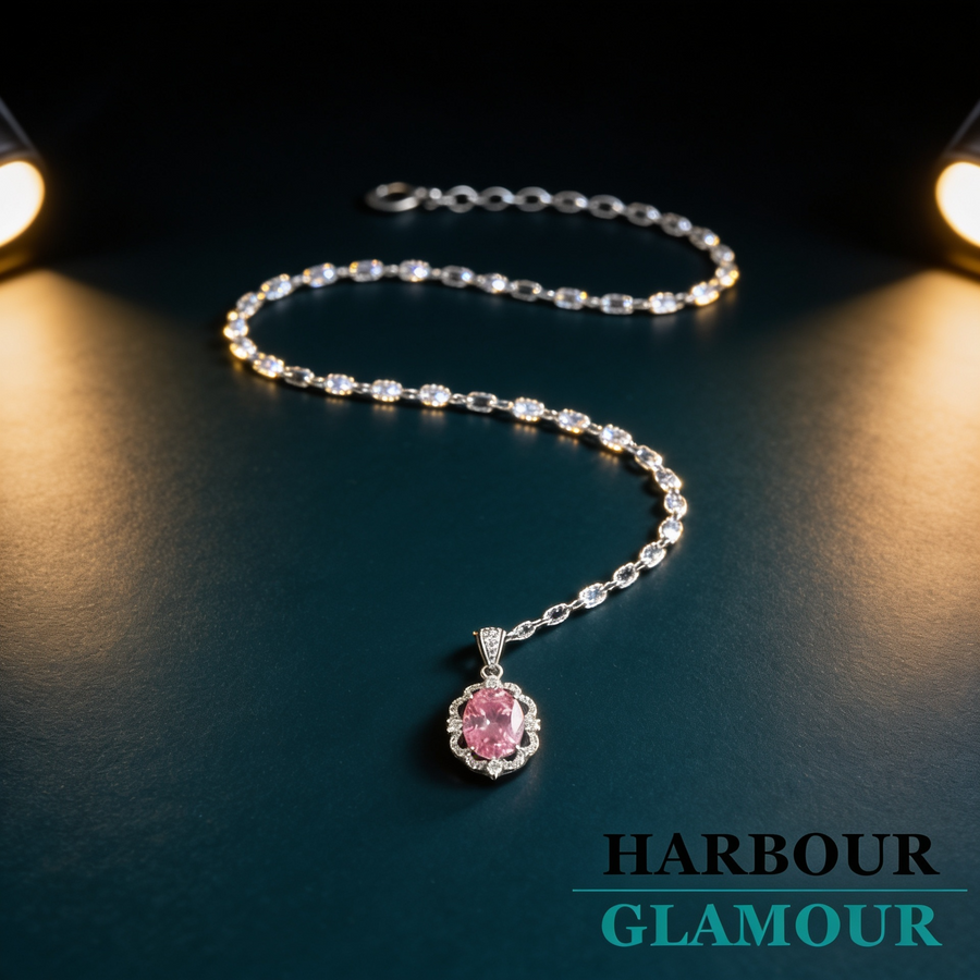 Pink Oval Crown Halo Necklace | White Gold