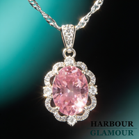 Pink Oval Crown Halo Necklace | White Gold
