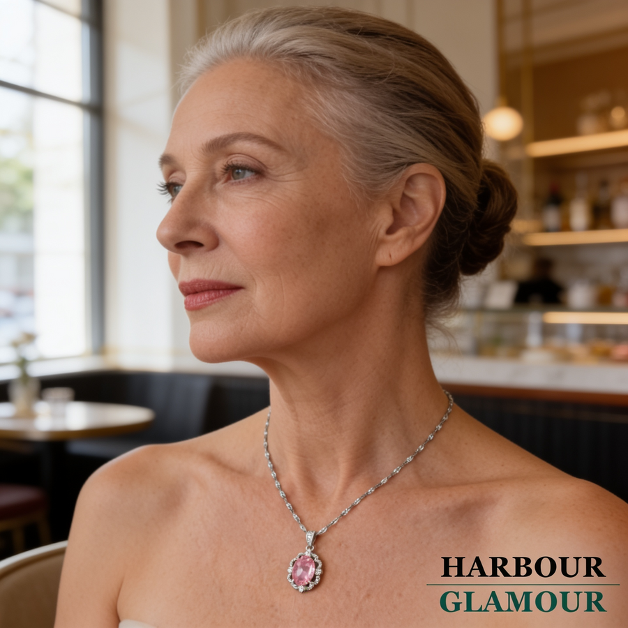 Pink Oval Crown Halo Necklace | White Gold
