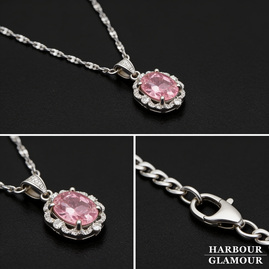 Pink Oval Crown Halo Necklace | White Gold