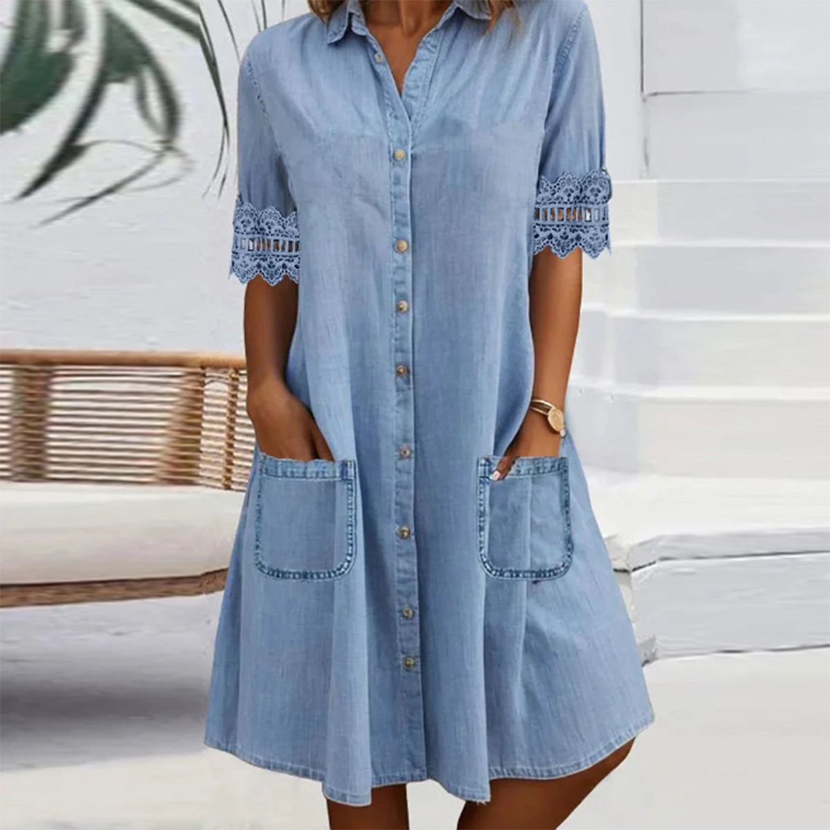 Simple Denim Dress with Lace Trim