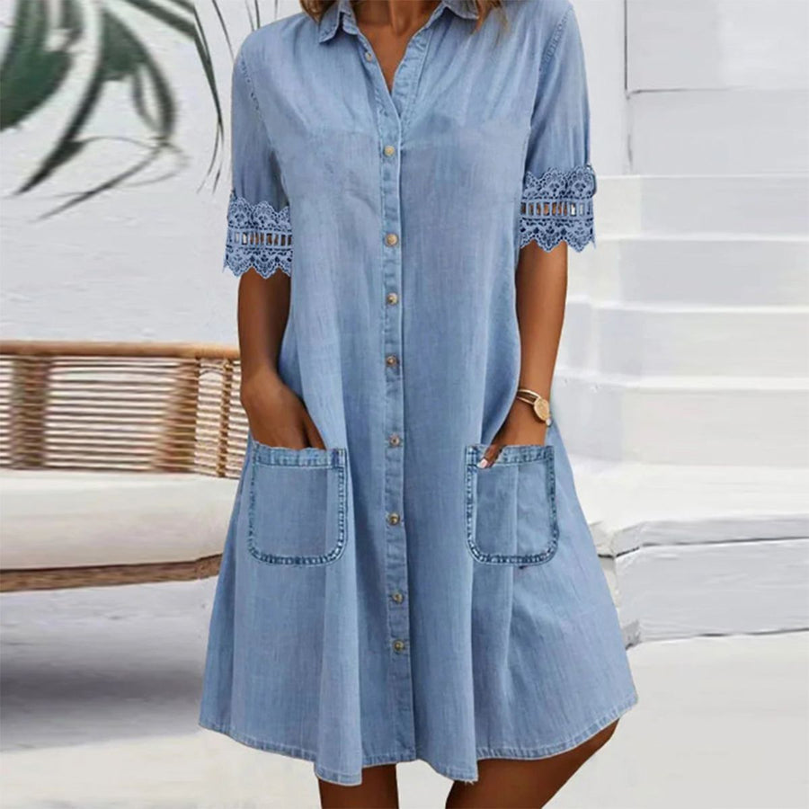 Simple Denim Dress with Lace Trim