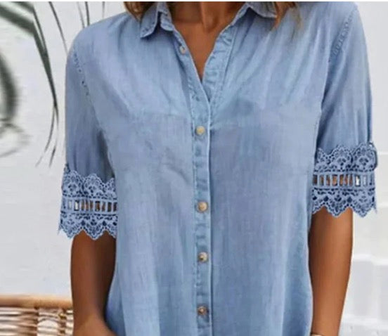 Simple Denim Dress with Lace Trim