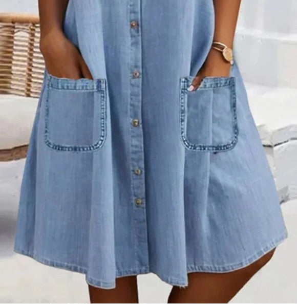 Simple Denim Dress with Lace Trim